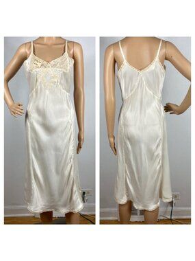 Vtg 1940s Deadstock Silky Rayon Full Slip Sz S Lace Dress Lingerie My-Len